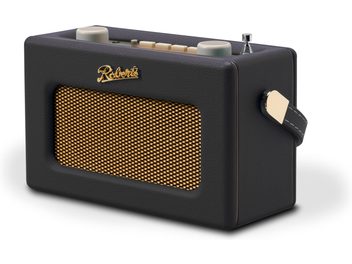Radio Roberts Revival Uno BT, pravokotna škatla v črni zrnati usnjeni imitaciji z zlatim kovinskim mrežastim pokrovom zvočnika, kremnimi kontrolami in kromirano anteno na vrhu, črni bočni trak z zlatim koncem, pogled od spred tri četrtine