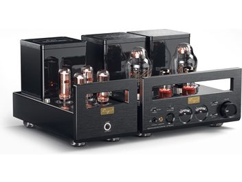Cayin HA-300MK2 high-fidelity headphone preamplifier in black, dual brushed metal chassis with exposed glass tubes, VU meters, connectors, and large front-mounted volume knob, three-quarter front view
