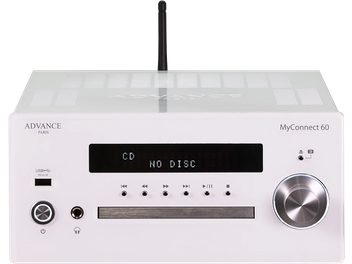 Συμπαγές σύστημα υψηλής πιστότητας Advance Paris MyConnect 60 σε λευκό χρώμα, μπροστινή όψη, με οθόνη LCD, κουμπιά και περιστροφικό κουμπί ελέγχου