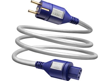 Câble d'alimentation secteur IsoTek EVO3 Sequel 2m bleu et gris, connecteurs plaqués or, vue de dessus et de côté