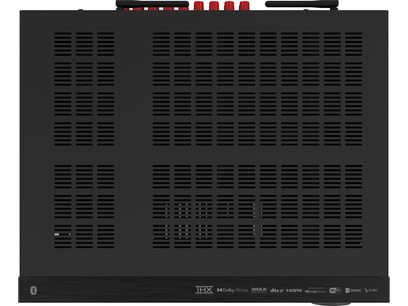 Home theater amplifier Onkyo TX-RZ30 in black, top view, ventilation grille, red connectors, logos at the bottom
