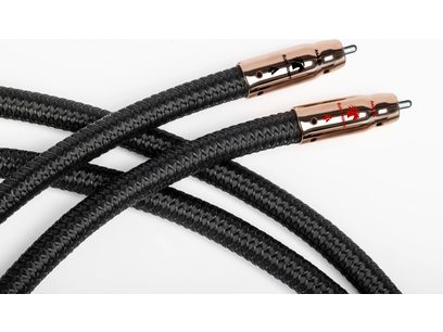 Δύο καλώδια ήχου RCA Audioquest Black Beauty 1μ., με μαύρη πλεκτή θήκη, ροζ επιχρυσωμένους συνδέσμους RCA, κοντινή λήψη