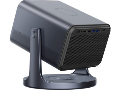 Hisense C2 Pro videoprojektor, külgvaade, tumehall ristkülikukujuline korpus, kaardus tugi, nähtavad tagumised pordid