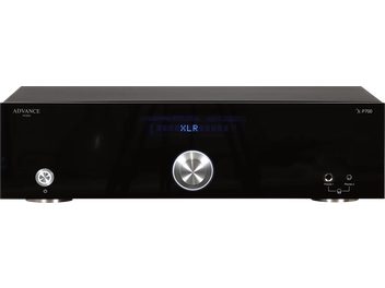 Matte black front panel of the Advance Paris X-P700 stereo preamplifier, metallic knobs, headphone jacks, XLR labeling
