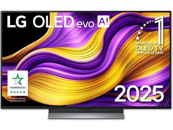 Téléviseur LG LGOLED48G5 2025 noir à cadre mince métallique, écran plat OLED 48 pouces et pied central rectangulaire, vue de face