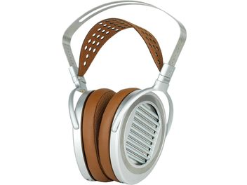 Casque hifi filaire ouvert avec arceau métallique perforé, coussinets marron rembourrés, coques ovales argentées à grille visible