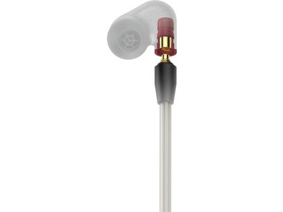 Casque intra-auriculaire Sennheiser IE 600 gris et rouge avec embouts en mousse grise, sur fond blanc