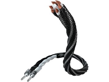 Câble noir tressé avec connecteurs bananes cuivrés aux extrémités, longueur environ 3 mètres, posé sur fond blanc