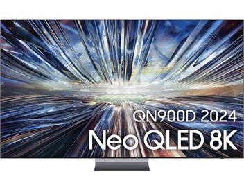 Téléviseur Samsung QN900D 2024 Neo QLED 8K, écran plat rectangulaire, vue de face, affichant une image abstraite aux couleurs vives