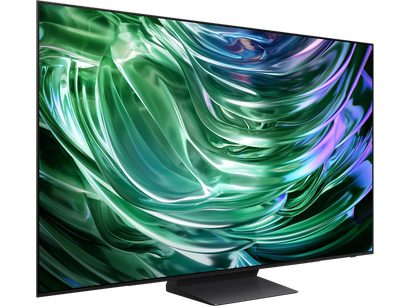 Téléviseur haute définition Samsung TQ55S90D 2024, écran plat, vue de trois quarts, affichage d'images abstraites vertes et violettes