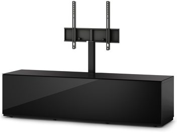 Meuble TV noir avec support mural intégré pour écran plat, 3 étagères en verre noir, structure en métal noir