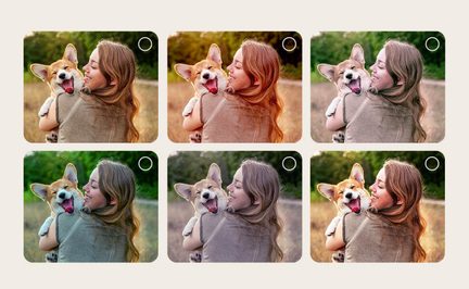 Six vignettes carrées à coins arrondis sur fond beige, support numérique vue de face, affichant sous divers filtres colorés la même photo d’une femme aux cheveux châtains portant un corgi au pelage fauve, chaque vignette marquée d’un cercle blanc en haut à droite