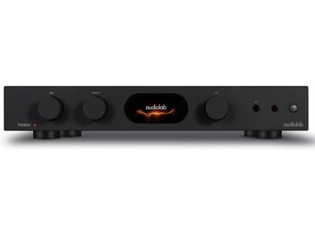Ampli hi-fi intégré stéréo Audiolab 7000A noir avec façade rectangulaire, 3 boutons circulaires, écran central et connectiques
