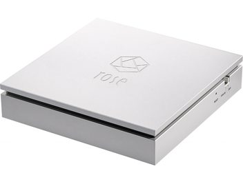 Rose RSA720 Digital Transport, perspective view, silver rectangular casing, logo and name engraved on top, buttons and ports on the right side