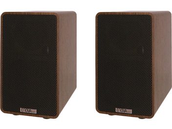 Juhtmevabad Enova HIFI VELA III pähklipuust kõlarid, eestvaade, ristkülikukujulised korpused, ümarad nurgad, tekstuuriga mustad võred