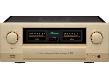 Ampli hi-fi intégré stéréo E-700, vue de face, boîtier rectangulaire, boutons circulaires à gauche et à droite, deux écrans centraux