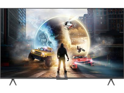 Telewizor wysokiej rozdzielczości Panasonic TV-85W95BEG z ultracienką czarną metalową ramką i bocznymi nogami w kształcie litery V, widok z przodu