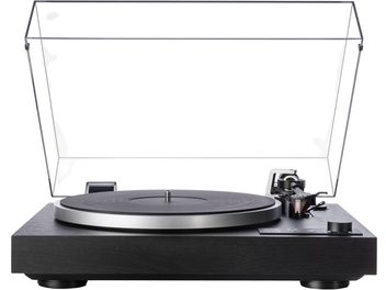 Platine vinyle hi-fi Dual CS 529 BT noire en bois avec plateau métallique gris, capot plastique transparent relevé, bras de lecture et boutons visibles, vue de face