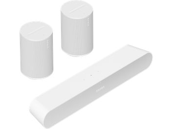 Ηχομπάρα Sonos Ray και 2 ηχεία Era 100 σε λευκό ματ χρώμα, με καθαρό και μινιμαλιστικό σχεδιασμό, και λεπτές ακουστικές γρίλιες
