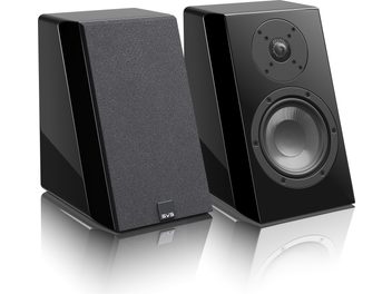 Two SVS Ultra Elevation black lacquered speakers, shown from the front and rear three-quarter view, with a trapezoidal shape featuring a central round woofer and tweeter