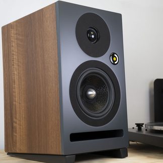 Enceinte rectangulaire en bois avec façade grise, 2 haut-parleurs circulaires noirs, évent rectangulaire et pied noir sur surface claire