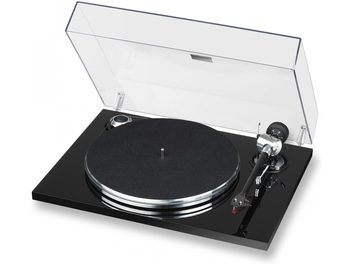 Platine vinyle EAT TD Prelude noire, vue de dessus ouverte avec plateau, bras de lecture et cellule, dans un caisson transparent