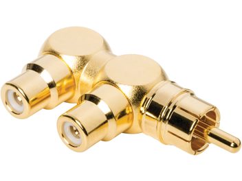 Three gold-plated cylindrical RCA connectors, connected together by a common golden base