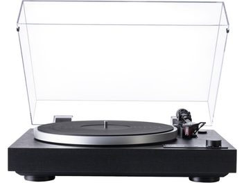 Platine vinyles hi-fi Dual CS 429 noire à base en bois avec plateau aluminium argenté, bras de lecture à droite et capot plastique transparent relevé, vue de face