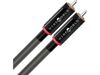 Câble audio analogique RCA Wireworld Equinox 10 RCA 1m, connecteurs cylindriques noirs avec texte blanc, bagues rouges, conducteurs gris