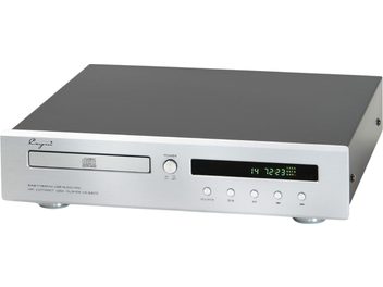 Cayin CS-55CD high-fidelity CD player with silver brushed aluminum finish, front view at a slight angle, matte black top cover, disc tray on the left, green digital display, and five round buttons in a row