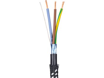 AC-2502F Power Cable, 3 x 2.5 mm², black braided sleeve, bare copper conductors in blue, brown, yellow-green, silver shielding