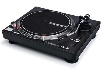 Giradischi Reloop RP 4000 MK2 nero visto dall'alto, piatto in alluminio, braccio di lettura, controlli e connessioni sul retro