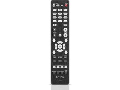 Télécommande Denon RC-1099 noire avec boutons et molettes pour contrôler diverses fonctions d'un appareil audio, vue de face