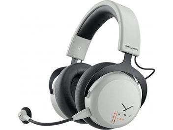 Ασύρματα ακουστικά gaming Beyerdynamic MMX 200 γκρι, πλευρική όψη, επενδεδυμένο στήριγμα κεφαλής, μαύρα κυκλικά μαξιλαράκια, ευέλικτο μικρόφωνο