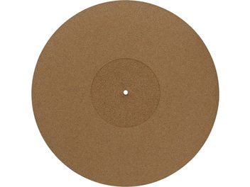 Circular cork platter cover, top view, uniform surface, visible central hole, regular edges