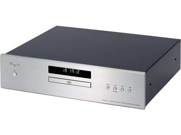 Cayin CS-100CD hi-fi CD player, rectangular shape, black metal casing with silver brushed aluminum front panel, three-quarter front view showing central green digital display, horizontal loading slot, and five round controls