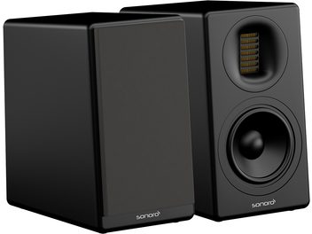 Μαύρο ματ compact ηχείο-βιβλιοθήκη Sonoro Orchestra slim, χρυσά πλήκτρα, μαύρη γρίλια, κάθετη μορφή