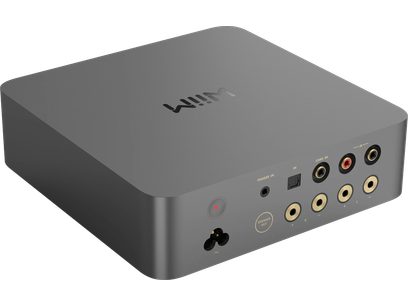 Stereo hi-fi-förstärkare WiiM Vibelink Space grey med rektangulärt hölje, rundade hörn, synliga kontakter och portar.