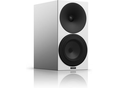 Βιβλιοθήκη ηχείων Amphion Argon 3S σε μαύρο και λευκό χρώμα, μπροστινή όψη, λευκό περίβλημα, μαύρο ηχείο, μαύρο tweeter