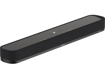 Sennheiser AMBEO Soundbar Mini soundbar in black, rectangular shape, acoustic grille, display screen, reflection, front view