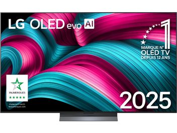 Téléviseur LG OLED65C5 noir, vue de face, dalle en verre à bords fins sur pied central métallique gris, écran allumé affichant des volutes rose magenta et bleu turquoise