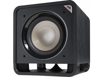 Polk Audio HTS 10 must bassikõlar, vaade eest, kuupkujuline, ümmargune keskmine kõlar, matt must viimistlus