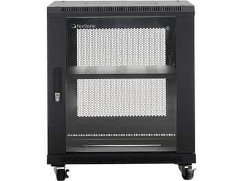Norstone Pro Rack 12U sort it-skab med perforeret frontdør, lås, hjul og synlig indvendig hylde