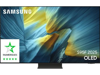 Téléviseur Samsung S95F 2025 OLED noir à cadre mince métal, vue de face, écran plat bord quasi invisible monté sur pied central rectangulaire sombre