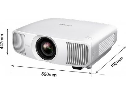 Vidéoprojecteur Epson EH-LS11000W blanc, vue de face et de côté, forme rectangulaire arrondie, objectif décentré noir