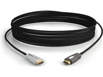 Câble HDMI Wyrestorm CAB-HAOC-30-C noir, vue de face, enroulé en spirale, connecteurs HDMI argentés aux extrémités