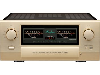Ampli hi-fi intégré stéréo E-5000, vue de face, boîtier rectangulaire, finition dorée, 2 grands boutons circulaires, 2 vu-mètres centraux