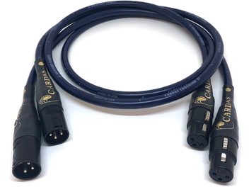 Cardas XLR Crosslink analogt lydkabel 1 m mørkeblå, glat plastkappe, sorte XLR-stik med gylden skrift, han og hun, set ovenfra i let perspektiv