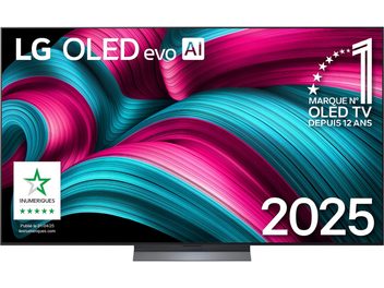 Téléviseur LG OLED77C5 77 pouces, cadre mince noir métallique, écran OLED affichant un motif abstrait rose et cyan, pied central gris anthracite, vue de face