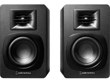 Audio Technica AT-SP3X juhtmevabad kõlarid, eestvaade, 2 musta ühikut, ümmargused kõlarid, ülemised võred